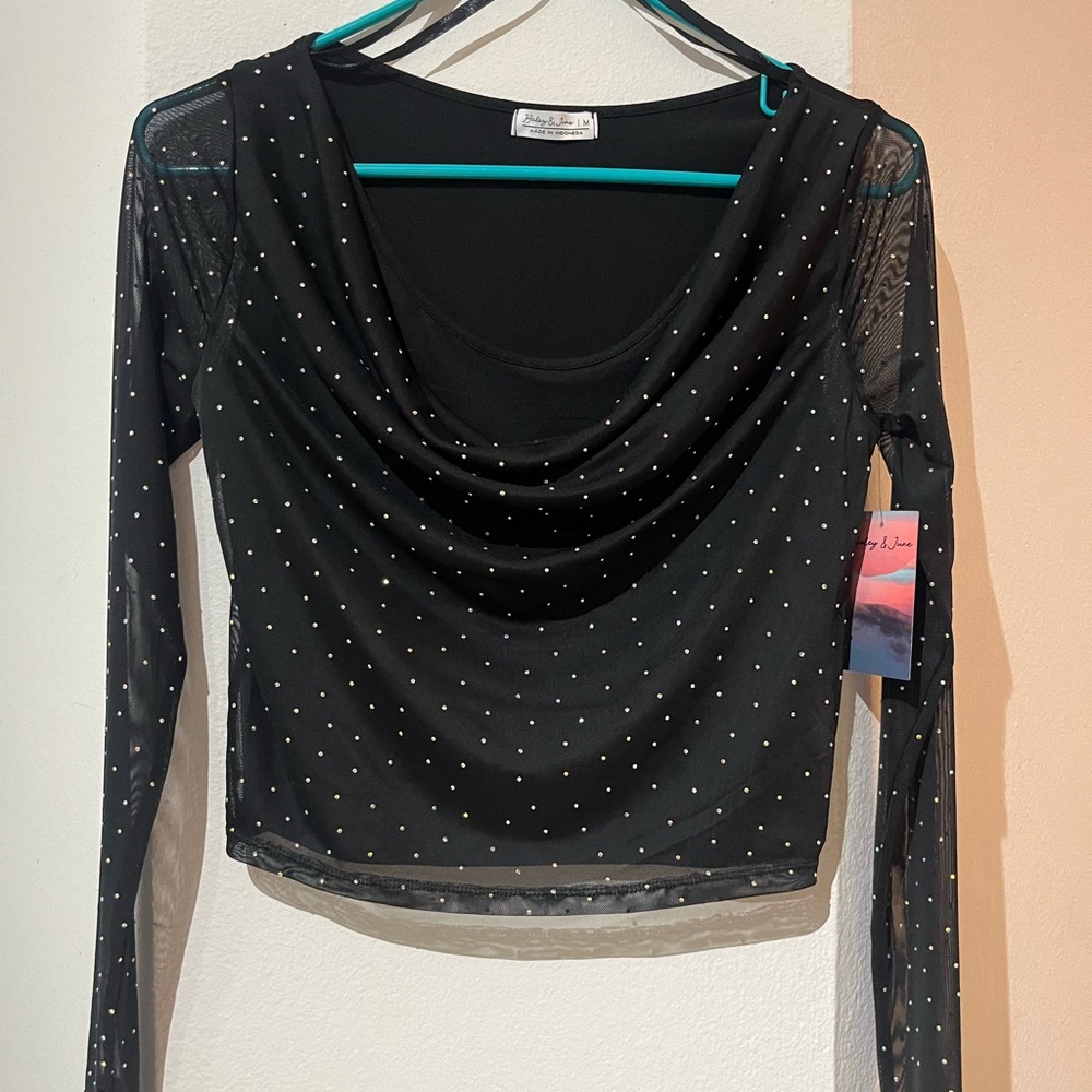 Women’s Black Mesh Long-Sleeve Drape Neck Top with Stud Detail